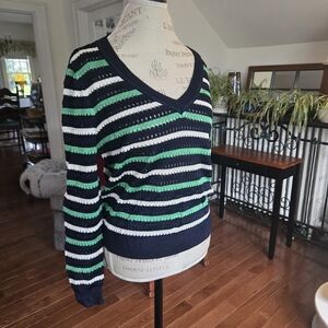 Elegant Striped V-Neck Sweater - Navy, Green, and White
